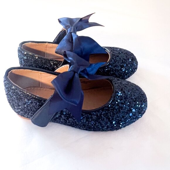 Navy Blue Rock Glitter Mary Jane Flats Toddler Girl Bow Dress Shoes - Picture 4 of 9
